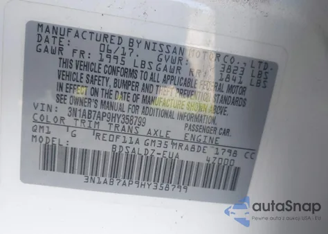 2017 Nissan Sentra Sv from USA, damaged, VIN 3N1AB7AP9HY358799